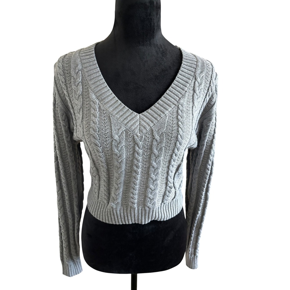 Love Tree Womens Cable Knit Cropped V-Neck Sweater Heather Gray Large